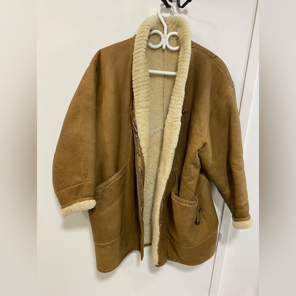 Tan leather and white wool coat - Picture 1 of 2